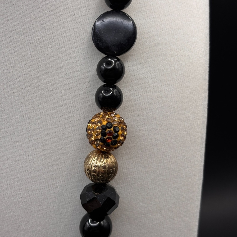 Vintage Gold Black Chunky Necklace Hammered Pendant Resin Crystal Beaded Jules - Picture 8 of 12